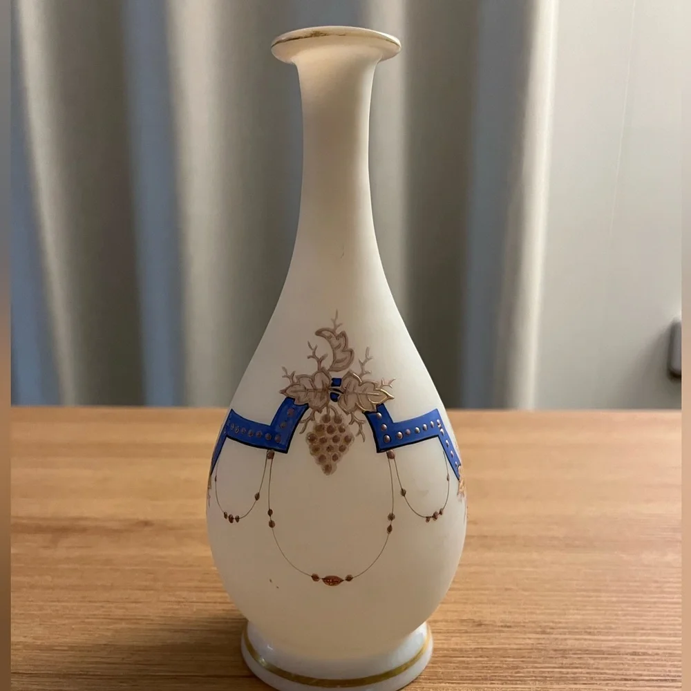 Victorian Antique Opal Blown Glass Vase Hand Painted Enamel #63